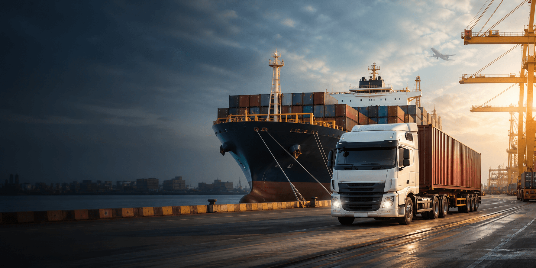Cargo ship and freight truck operating at a modern seaport